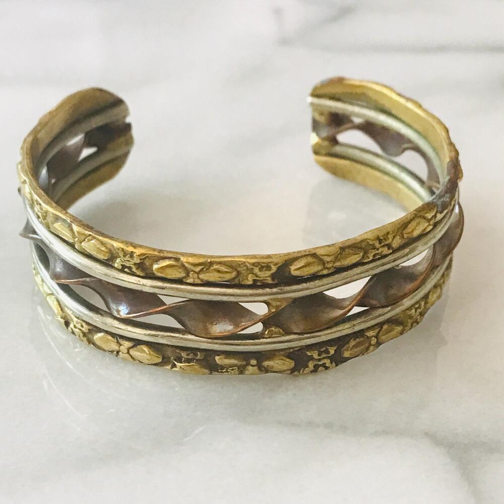 Vintage Artisan Mixed Metal Etched Open Cuff Bracelet- Boho- Brutalist- Bohemian